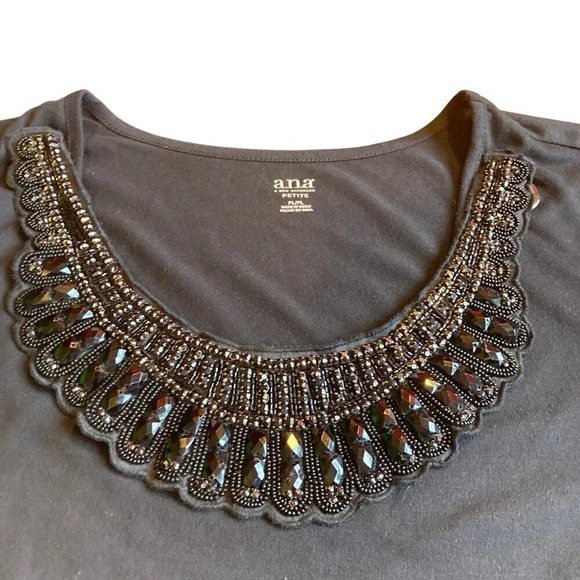 a.n.a Black T-shirt With Beaded Jeweled Collar, Size Petite Large, New With Tags - Picture 4 of 13